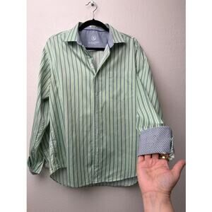 Bugatchi Shaped Fit Stripe Button Front Shirt Green Men’s L
